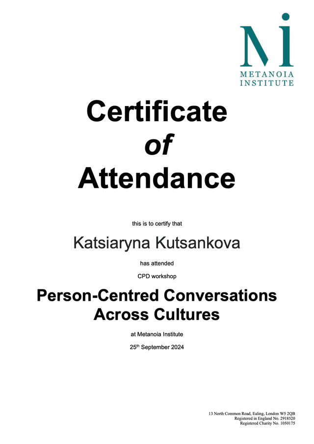 Katsiaryna Kutsankova Certificate